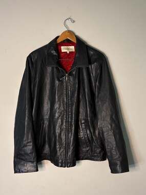 Peter Millar Black Genuine Leather Jacket with Red Satin Lining READ -Damaged